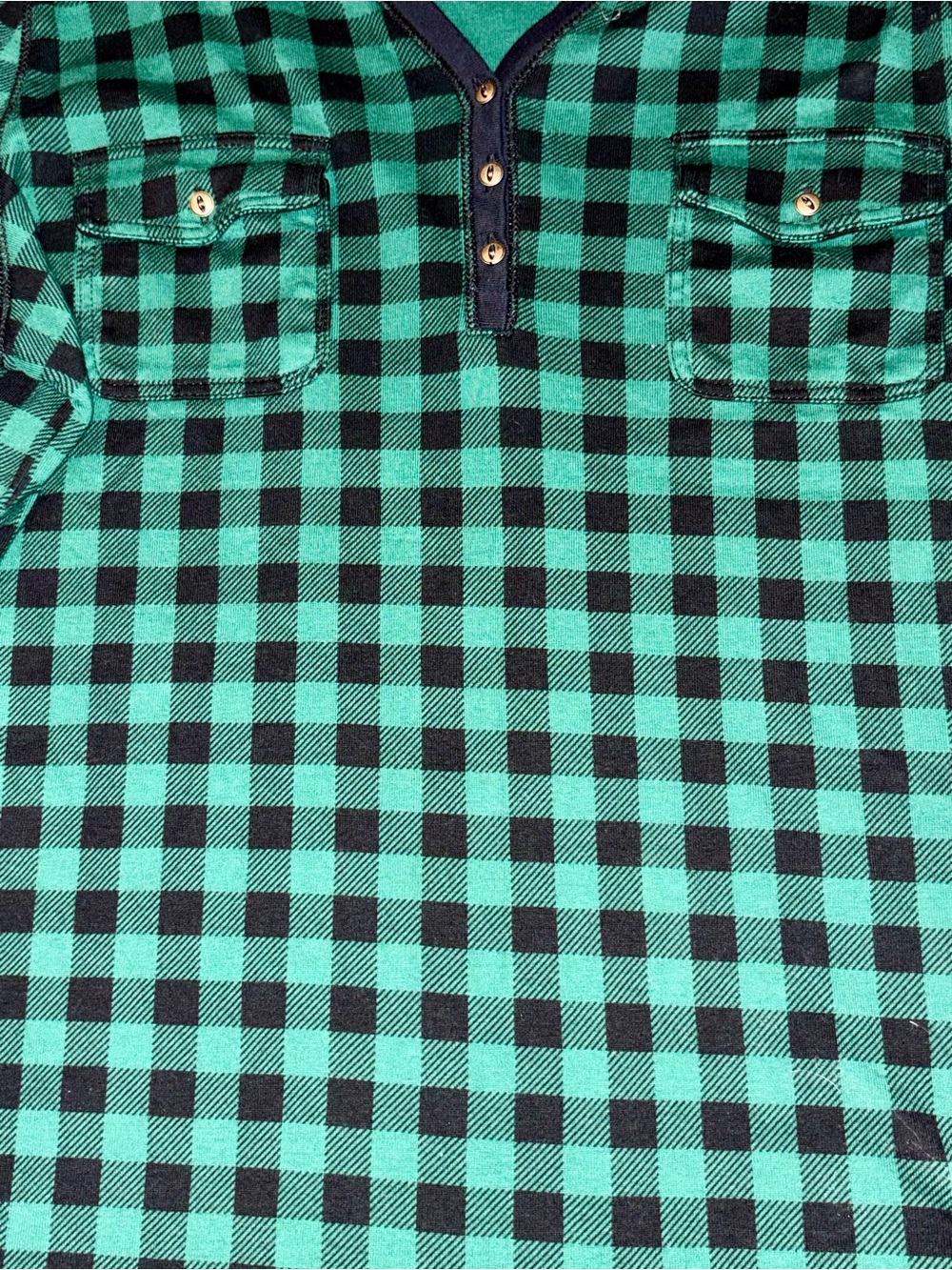 Chaps Green and Black Buffalo Plaid Long Sleeve Henley Top - Picture 2 of 3